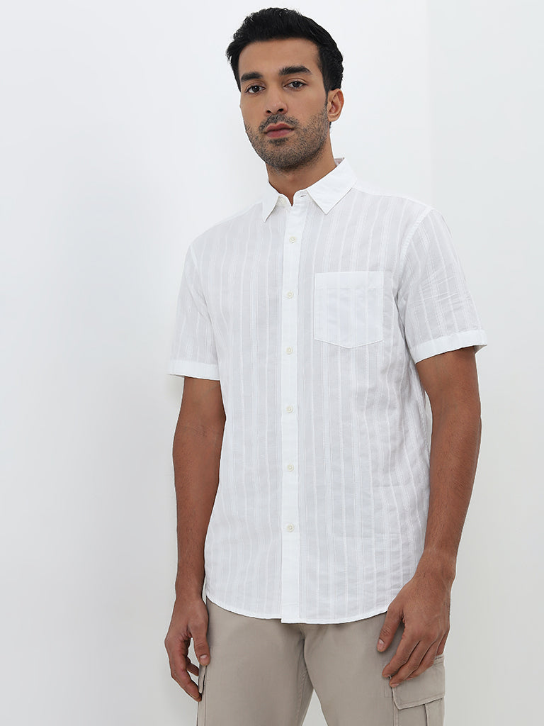 WES Casuals White Self-Striped Relaxed-Fit Cotton Shirt