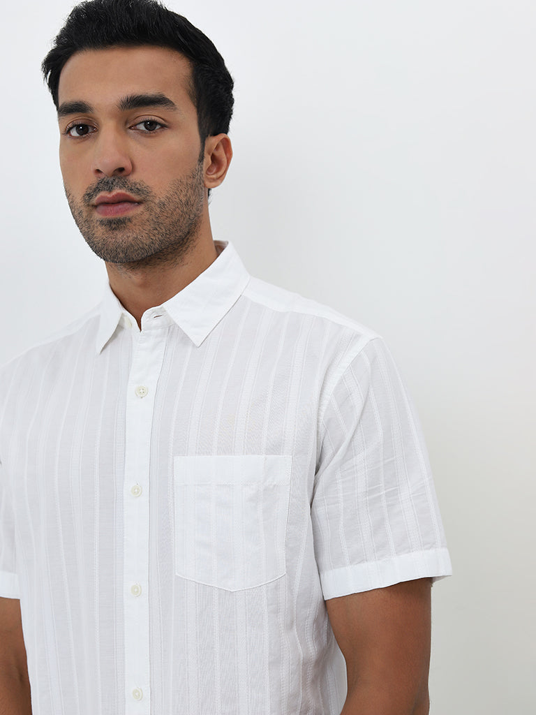 WES Casuals White Self-Striped Relaxed-Fit Cotton Shirt