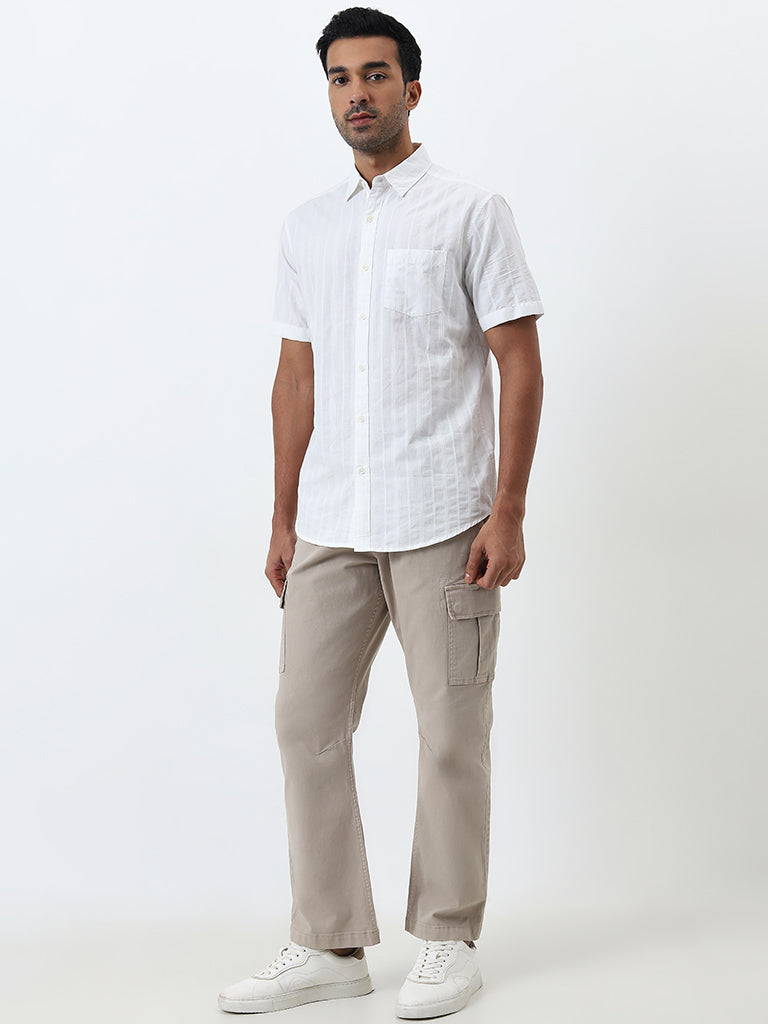 WES Casuals White Self-Striped Relaxed-Fit Cotton Shirt