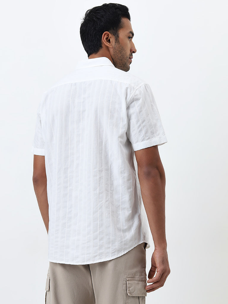 WES Casuals White Self-Striped Relaxed-Fit Cotton Shirt