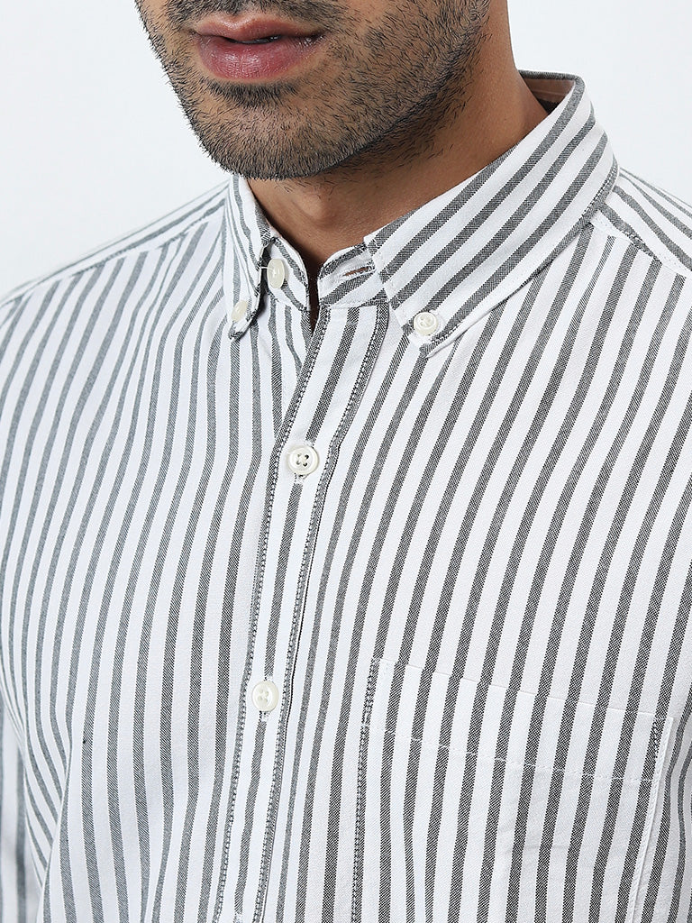 WES Casuals Dark Sage Striped Slim-Fit Cotton Shirt