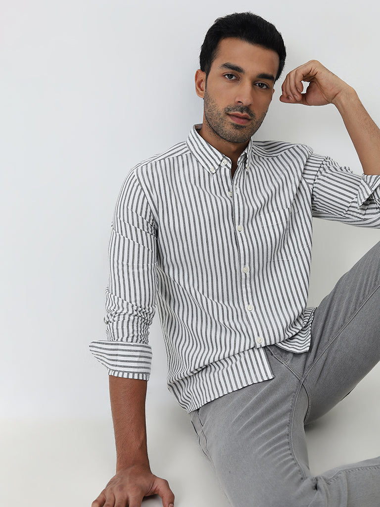 WES Casuals Dark Sage Striped Slim-Fit Cotton Shirt