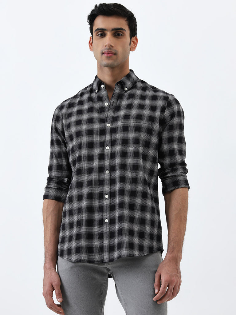 WES Casuals Black Checkered Slim-Fit Cotton Blend Shirt