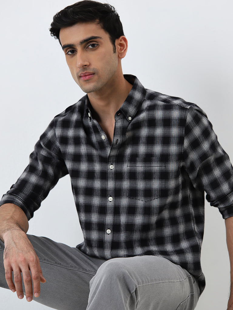 WES Casuals Black Checkered Slim-Fit Cotton Blend Shirt