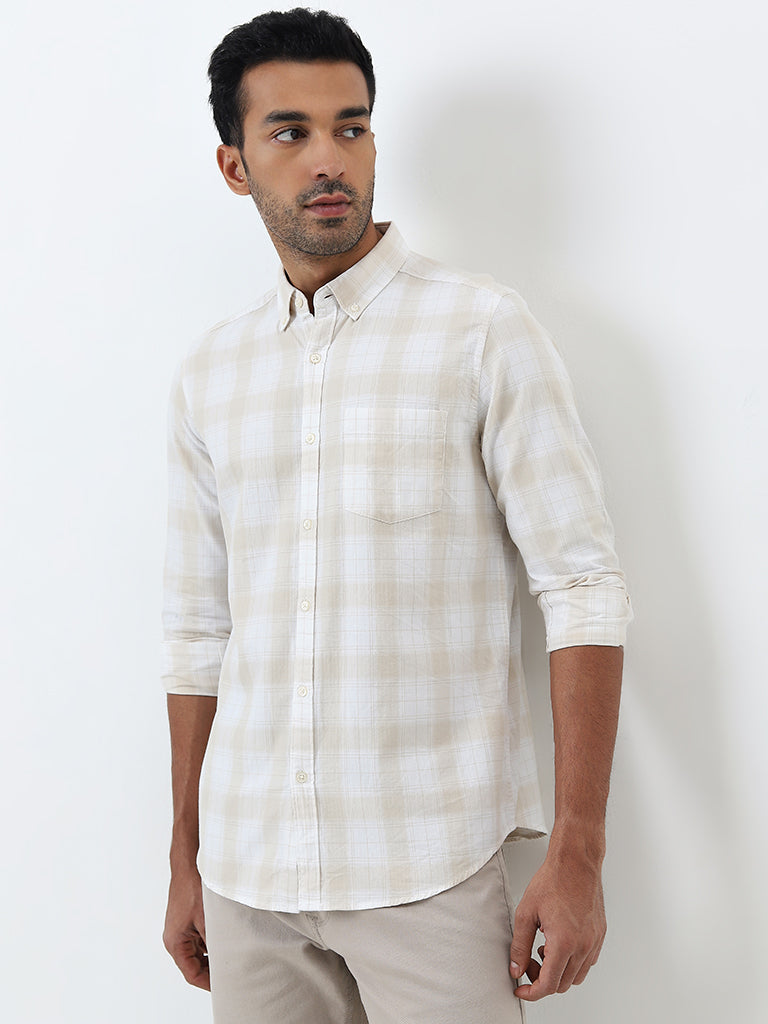 WES Casuals Light Beige Checkered Slim-Fit Cotton Shirt