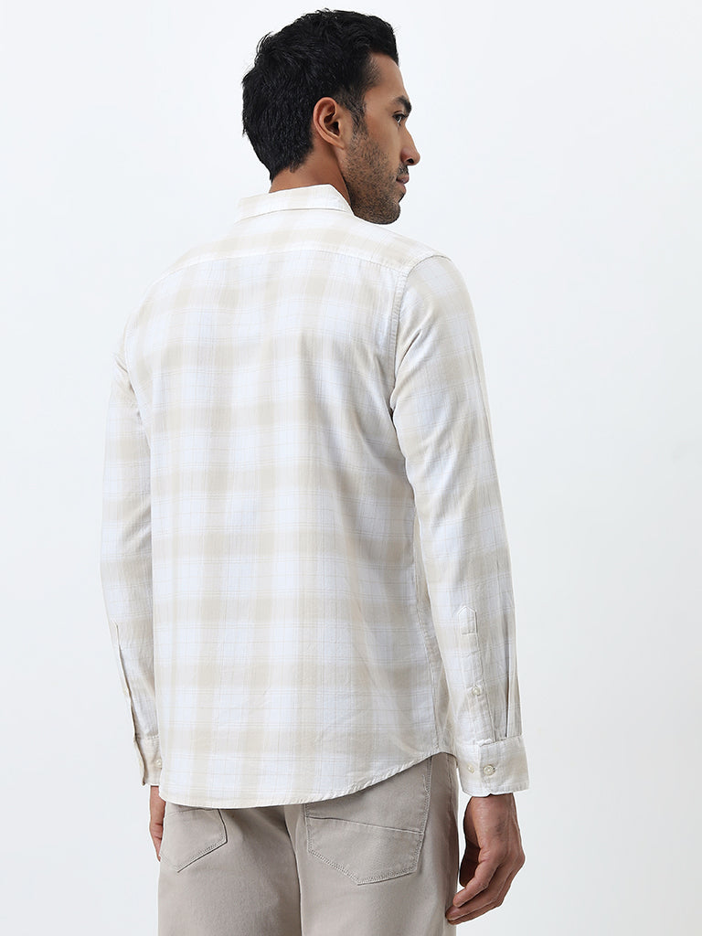 WES Casuals Light Beige Checkered Slim-Fit Cotton Shirt