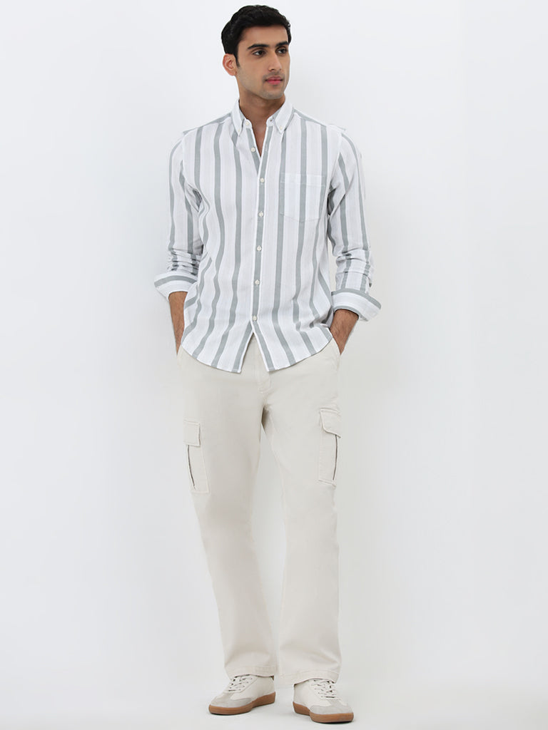 WES Casuals White Striped Slim-Fit Cotton Blend Shirt