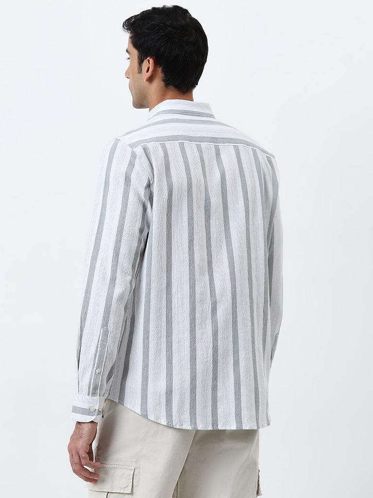 WES Casuals White Striped Slim-Fit Cotton Blend Shirt