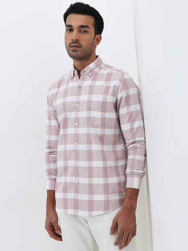 WES Casuals Pink Checkered Slim-Fit Cotton Shirt