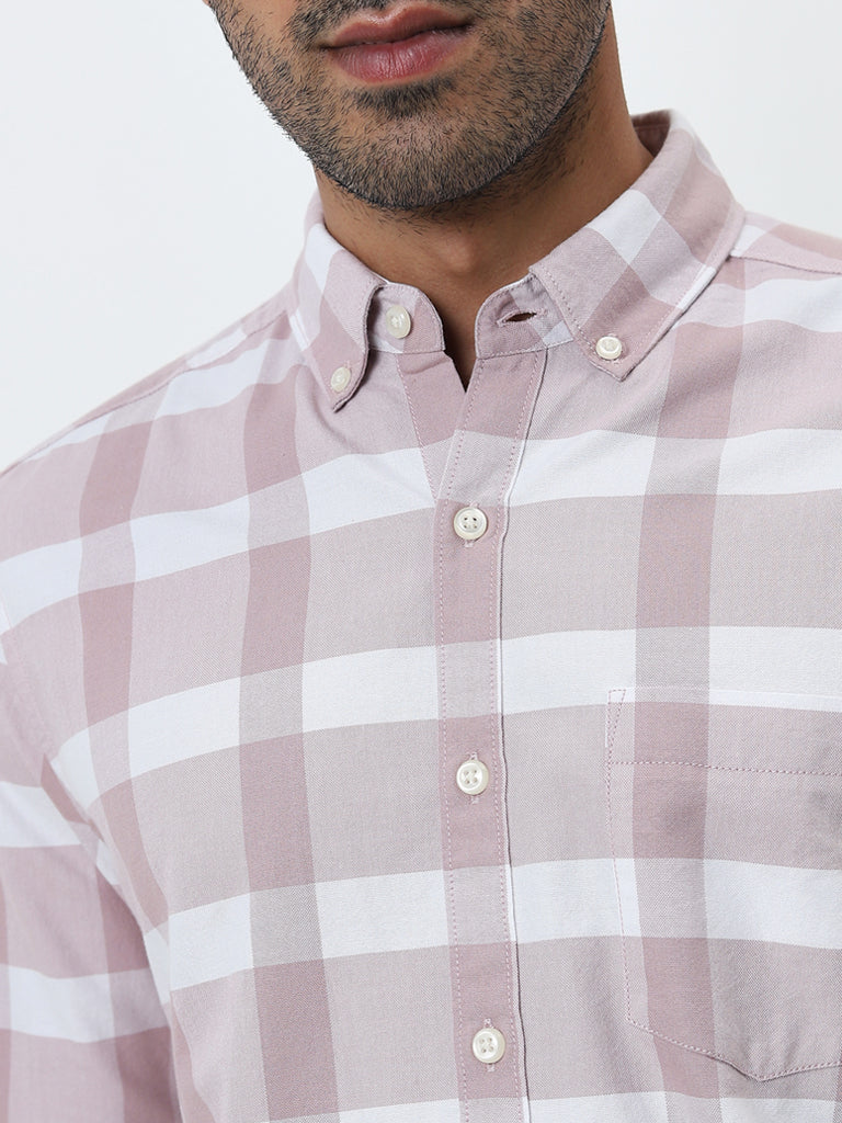 WES Casuals Pink Checkered Slim-Fit Cotton Shirt