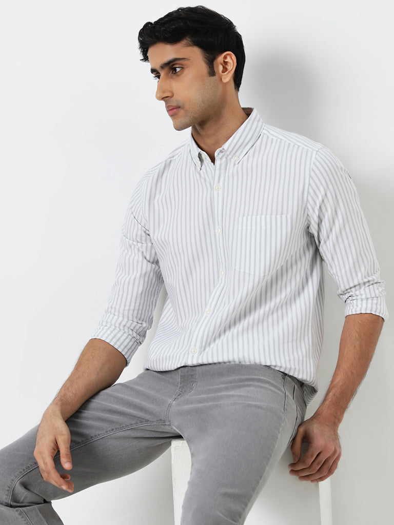 WES Casuals Light Grey Striped Slim-Fit Cotton Shirt