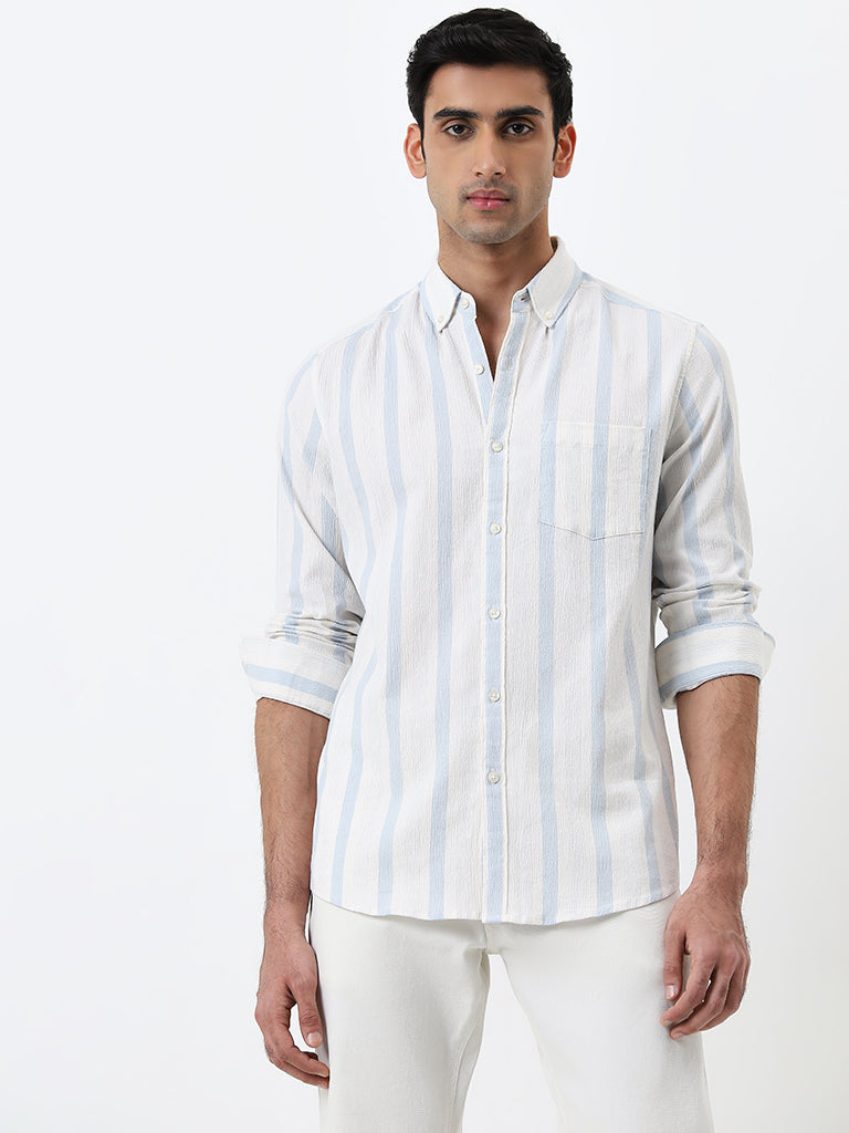 WES Casuals Light Blue Textured Slim-Fit Cotton Blend Shirt