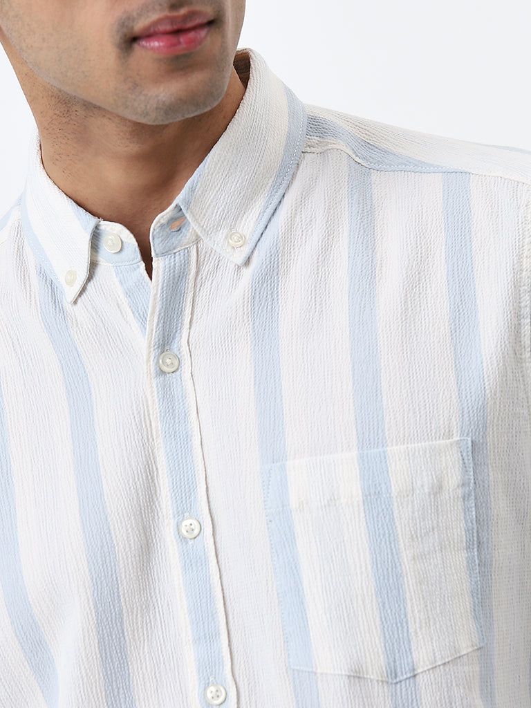 WES Casuals Light Blue Textured Slim-Fit Cotton Blend Shirt