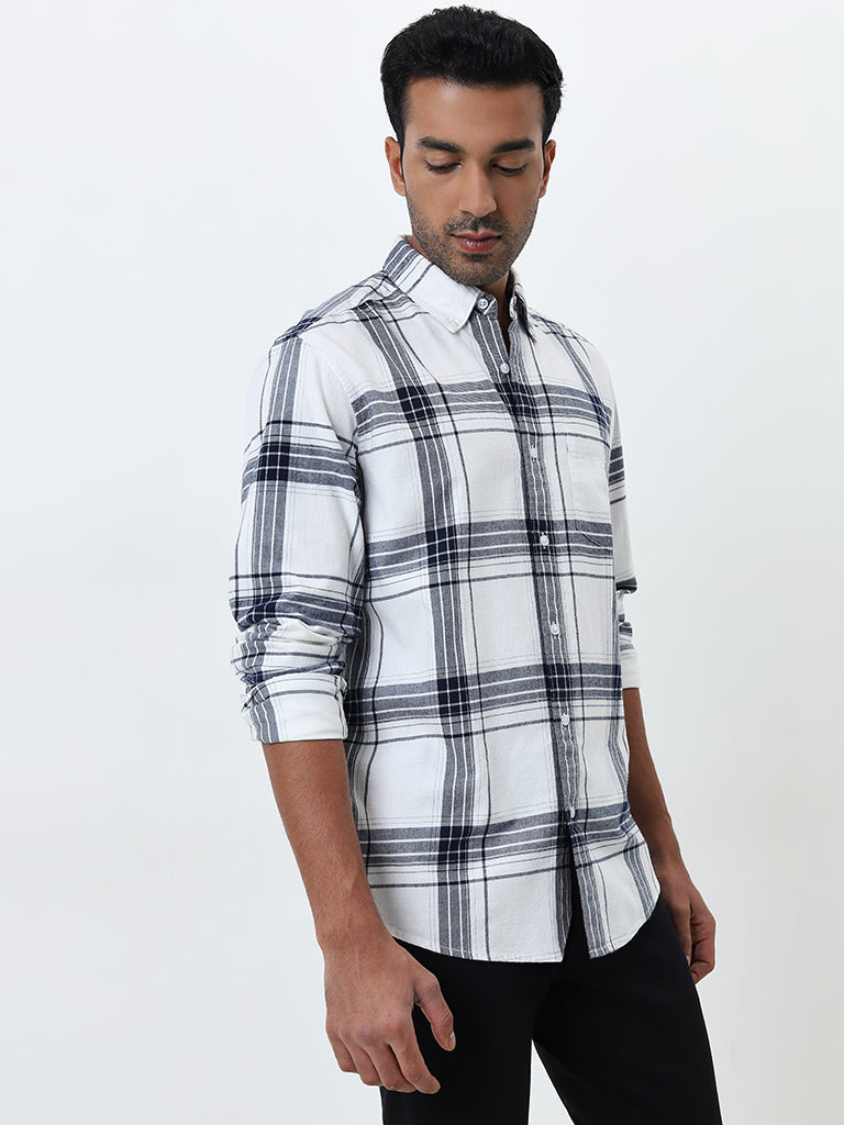 WES Casuals Navy Checkered Relaxed-Fit Cotton Shirt