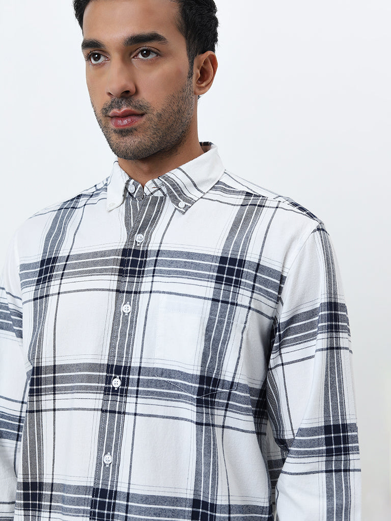 WES Casuals Navy Checkered Relaxed-Fit Cotton Shirt