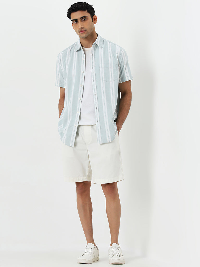 WES Casuals Light Teal Striped Relaxed-Fit Cotton Shirt