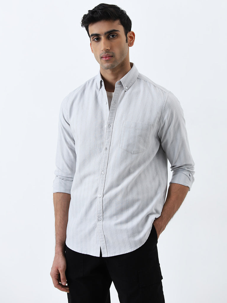 WES Casuals Light Grey Striped Slim-Fit Cotton Shirt