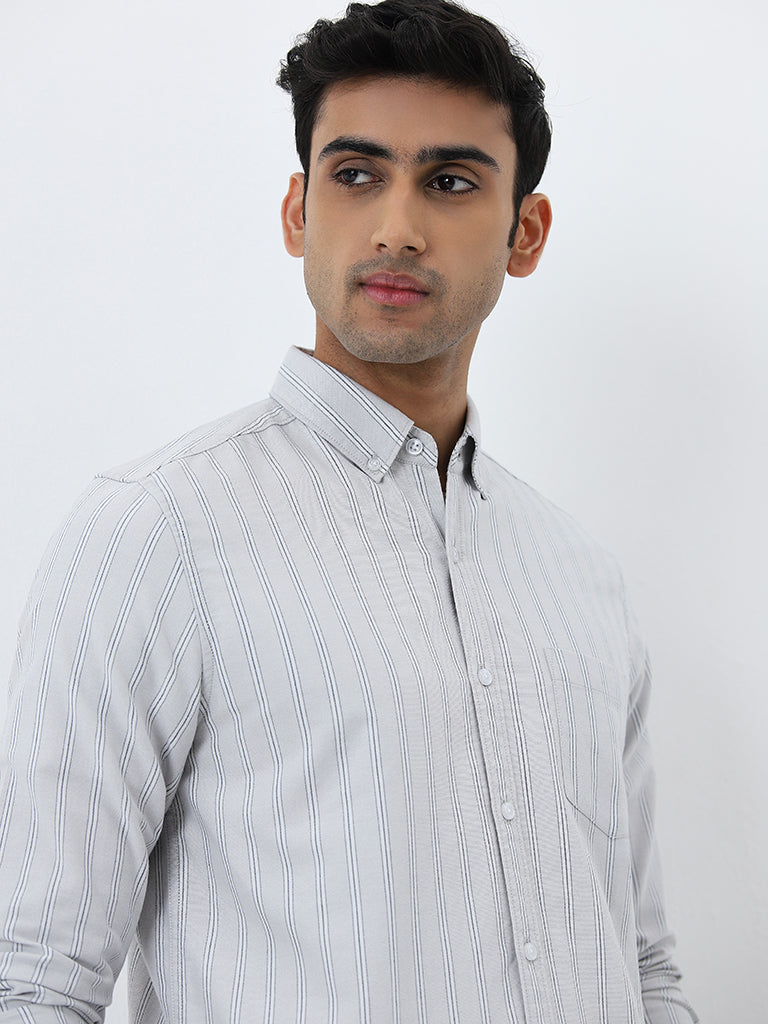 WES Casuals Light Grey Striped Slim-Fit Cotton Shirt