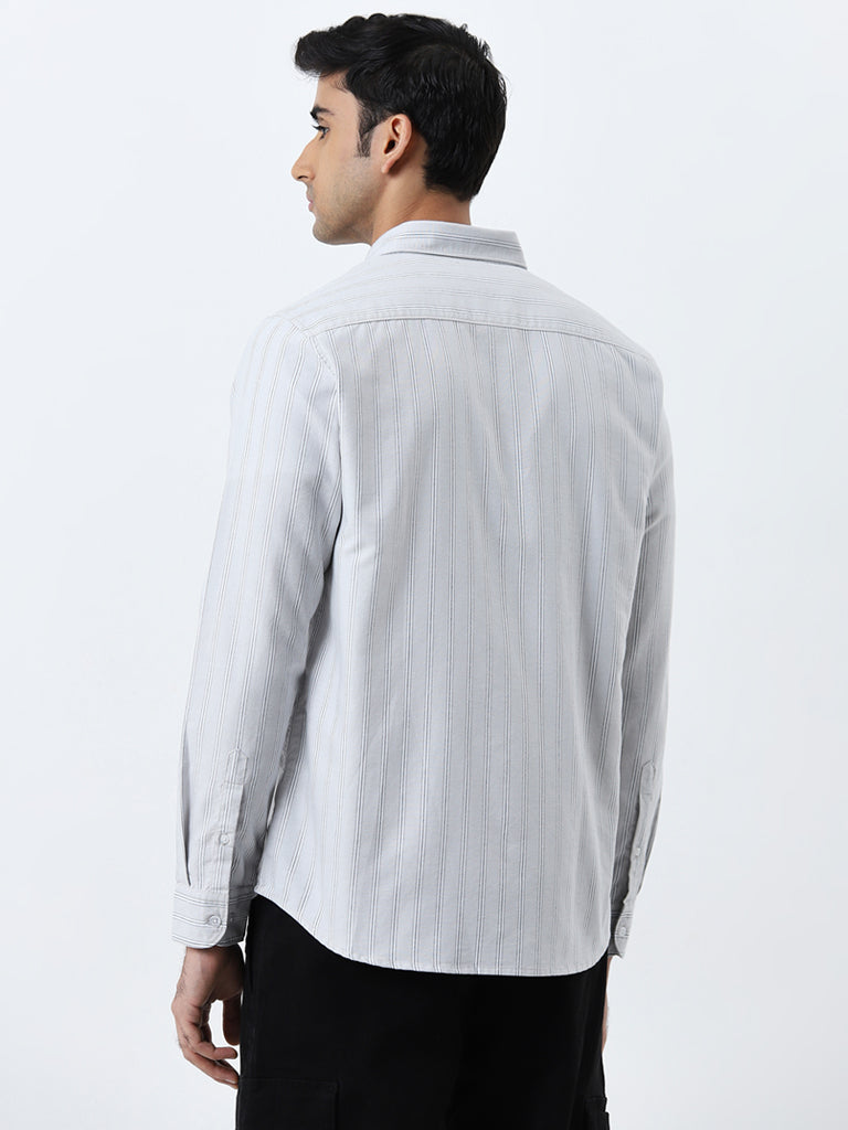 WES Casuals Light Grey Striped Slim-Fit Cotton Shirt