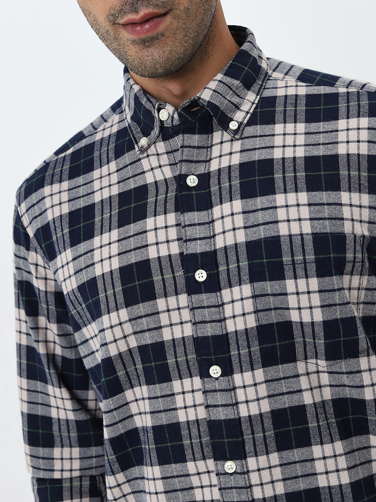 WES Casuals Navy Checkered Print Relaxed-Fit Cotton Shirt