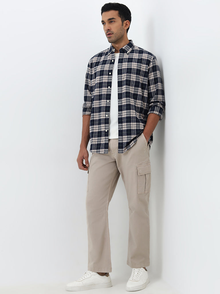 WES Casuals Navy Checkered Print Relaxed-Fit Cotton Shirt