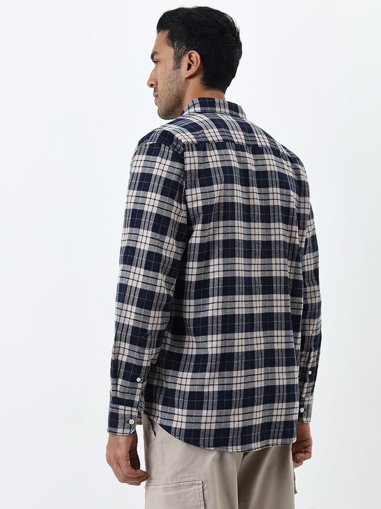 WES Casuals Navy Checkered Print Relaxed-Fit Cotton Shirt