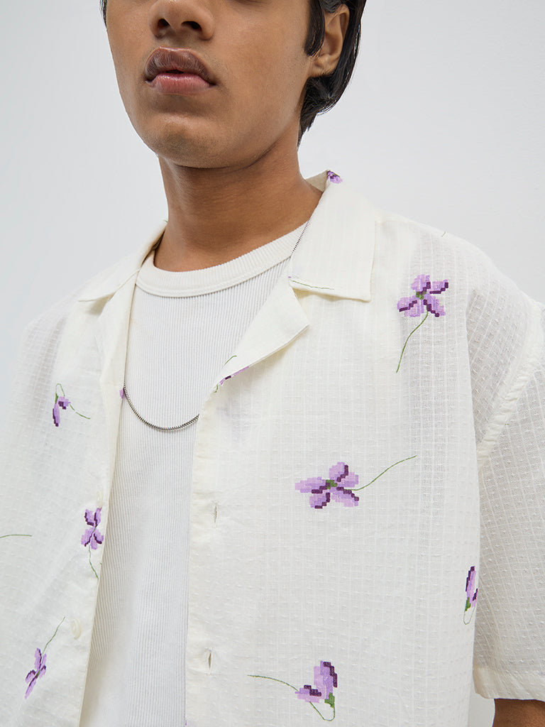 ETA Off-White Floral Design Relaxed-Fit Cotton Shirt