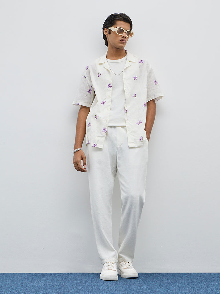 ETA Off-White Floral Design Relaxed-Fit Cotton Shirt