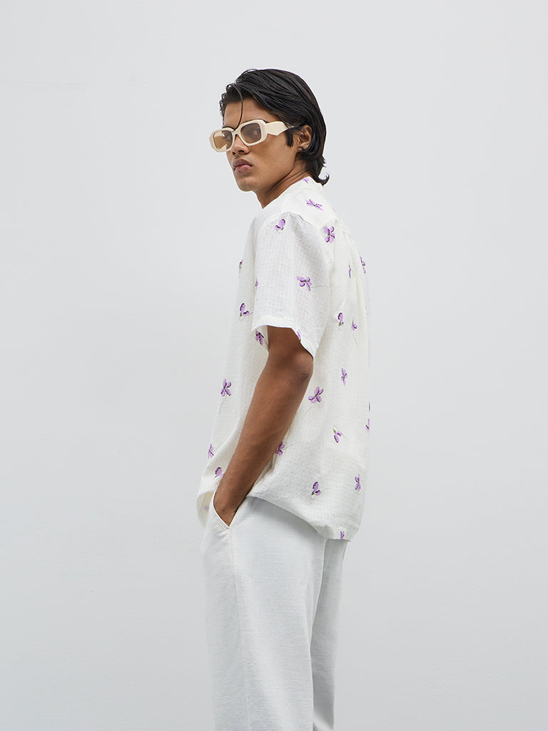 ETA Off-White Floral Design Relaxed-Fit Cotton Shirt