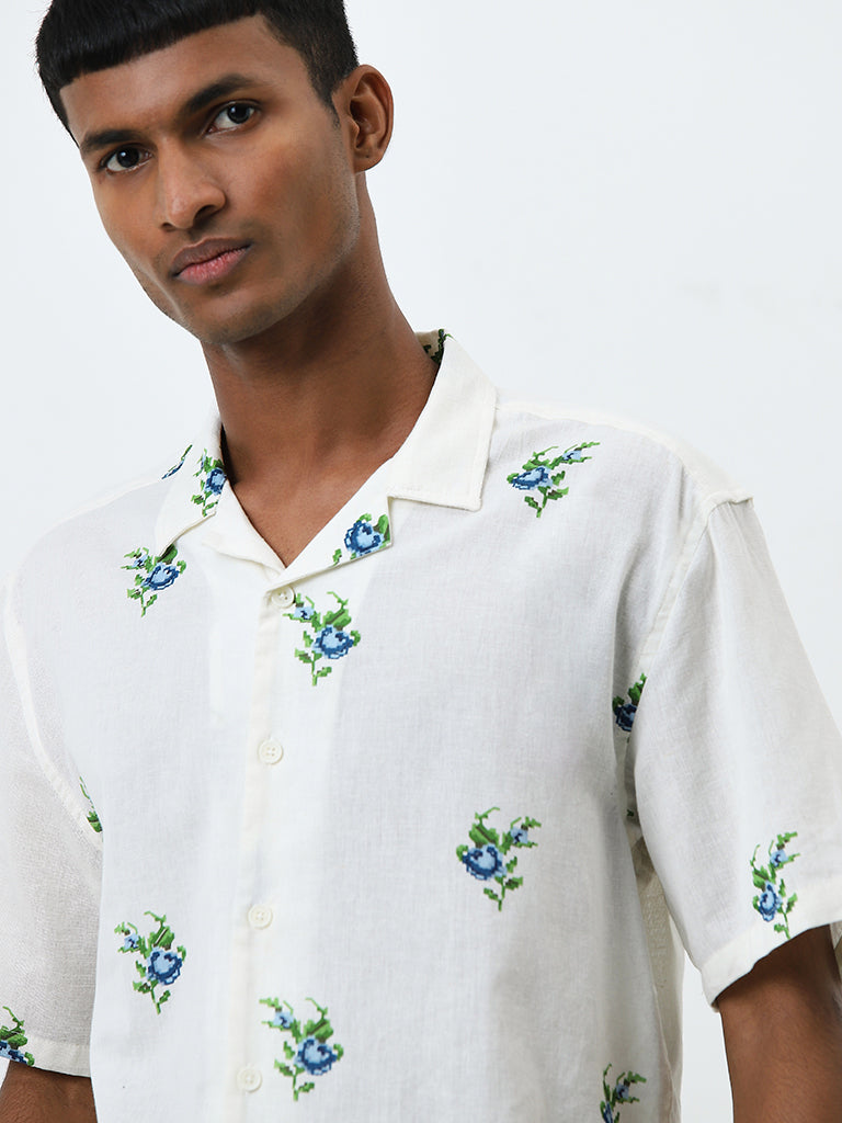 ETA Blue Floral Relaxed-Fit Cotton Blend Shirt