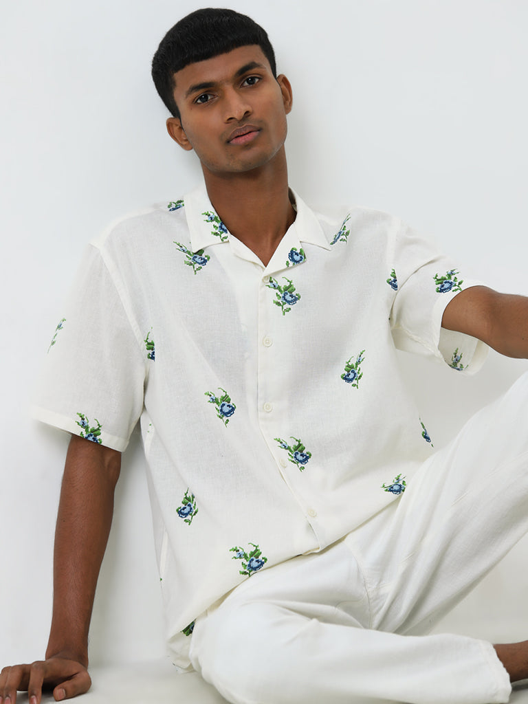 ETA Blue Floral Relaxed-Fit Cotton Blend Shirt