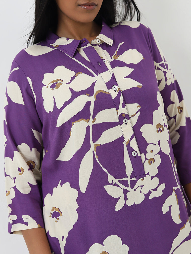 Diza Purple Floral Printed A-Line Cotton Kurta