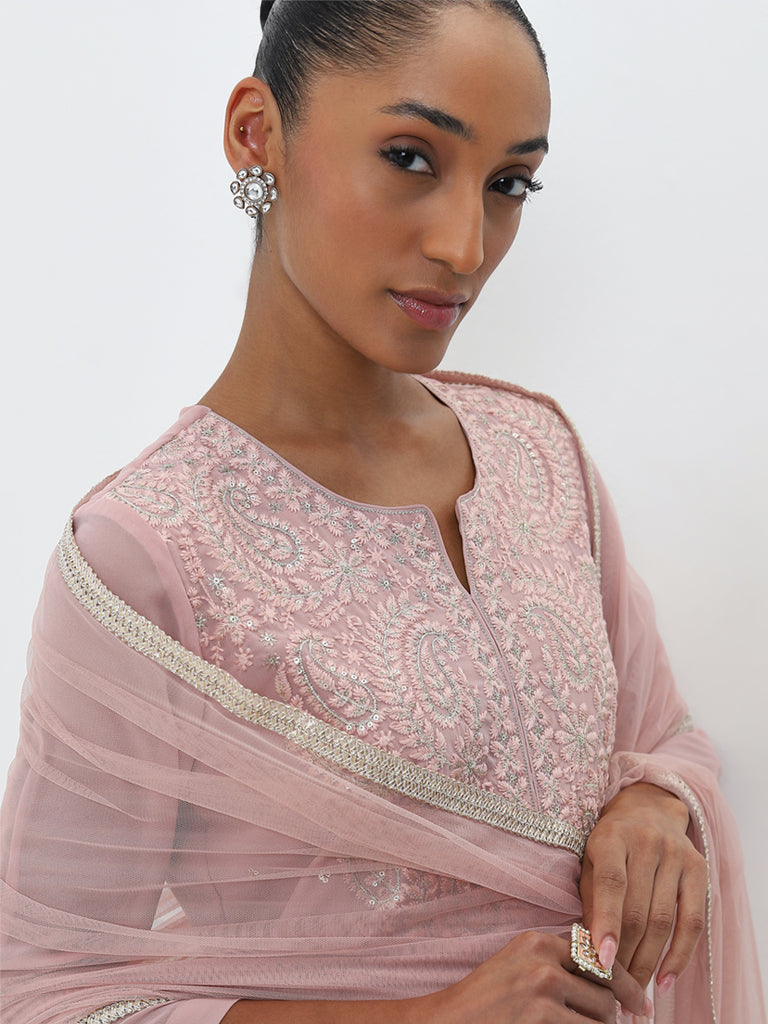 Vark Dusty Pink A-Line Kurta, Pants and Dupatta Set