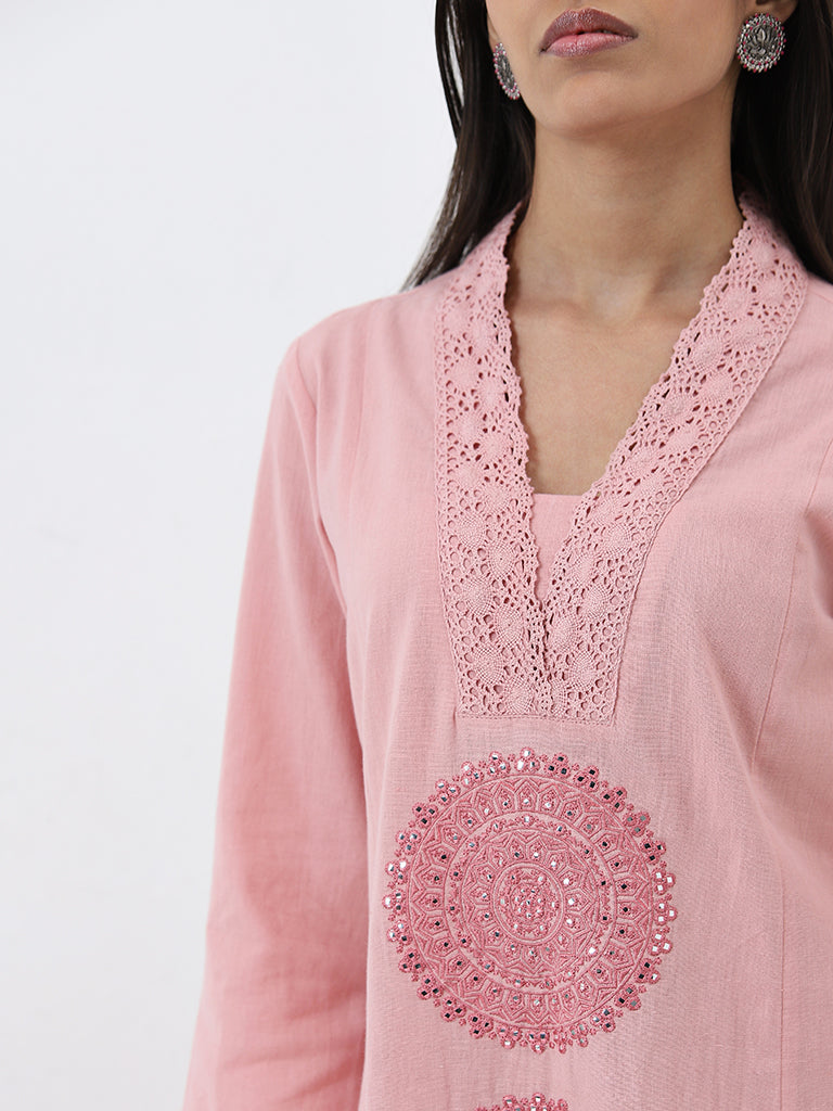 Utsa Dusty Pink Embroidered A-Line Cotton Blend Kurta