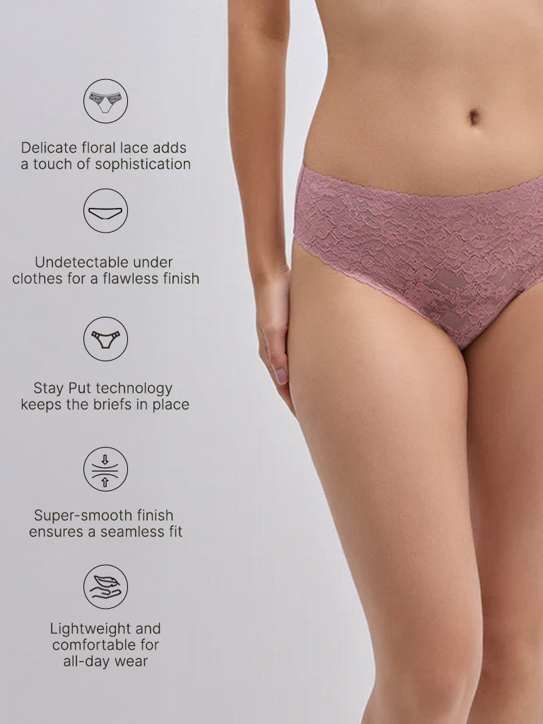 Wunderlove Mauve Lace Design Invisible Bikini Brief