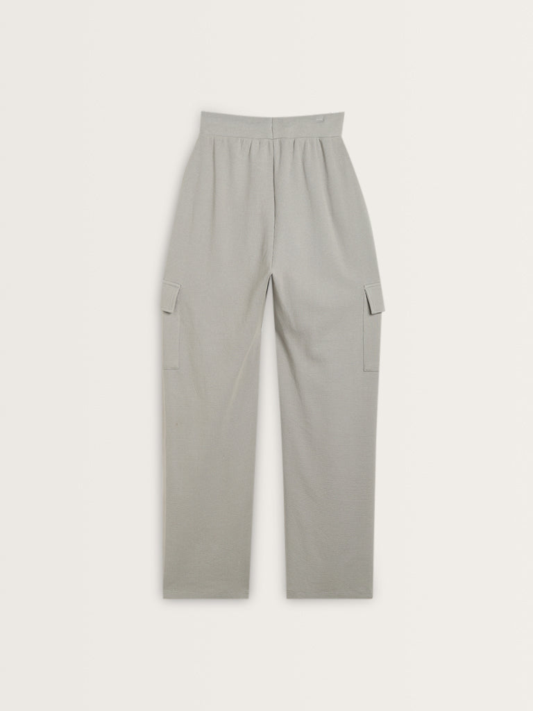 Studiofit Light Grey Textured Mid-Rise Cotton Track Pants