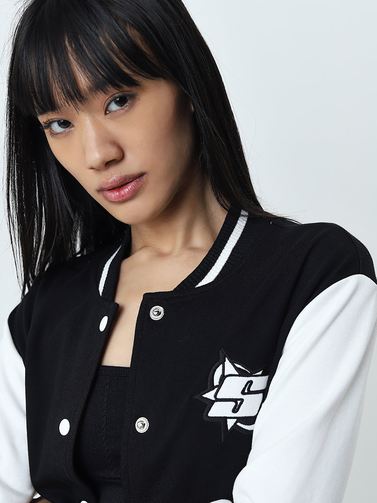 Studiofit Black Embroidered Varsity Cotton Blend Jacket