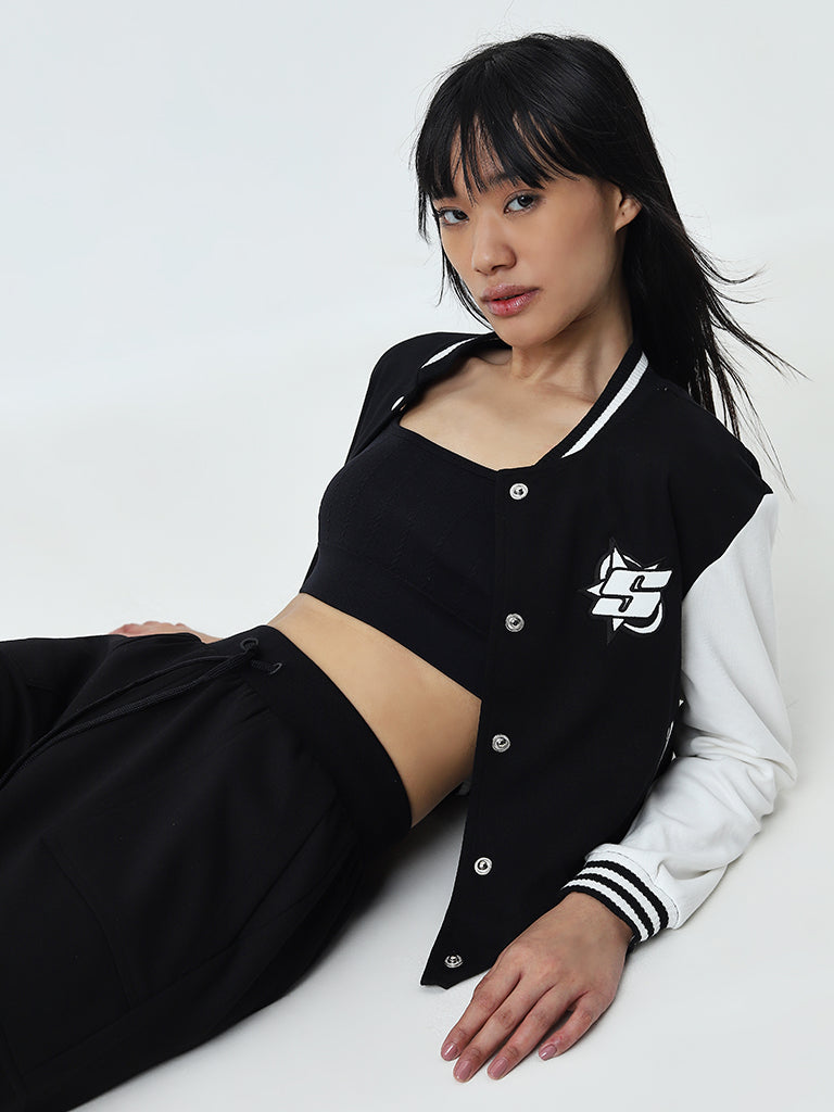 Studiofit Black Embroidered Varsity Cotton Blend Jacket