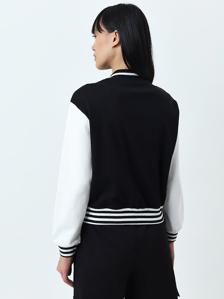 Studiofit Black Embroidered Varsity Cotton Blend Jacket