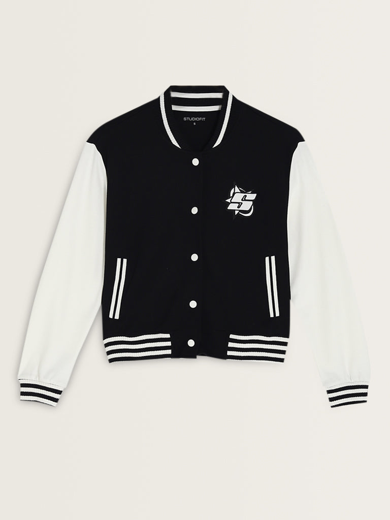 Studiofit Black Embroidered Varsity Cotton Blend Jacket