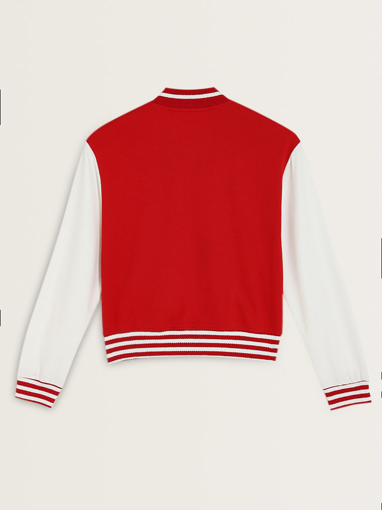 Studiofit Red Embroidered Varsity Cotton Blend Jacket