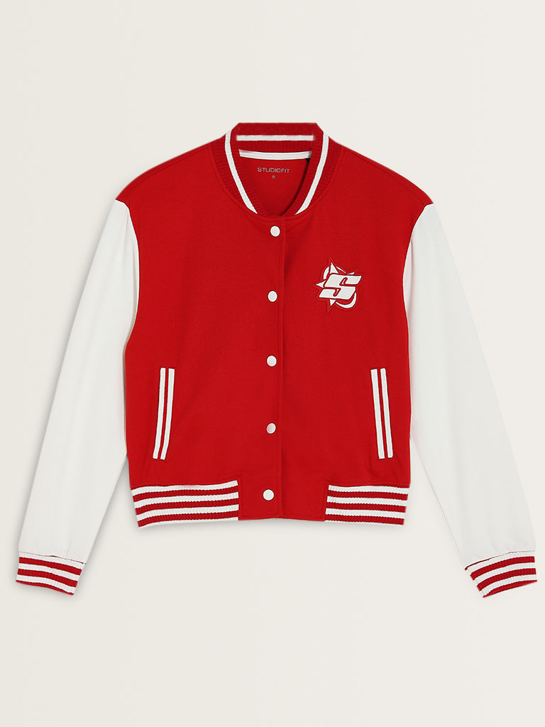 Studiofit Red Embroidered Varsity Cotton Blend Jacket