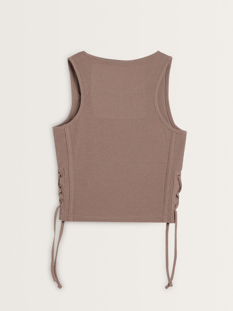 Studiofit Taupe Cut-Out Detailed T-Shirt