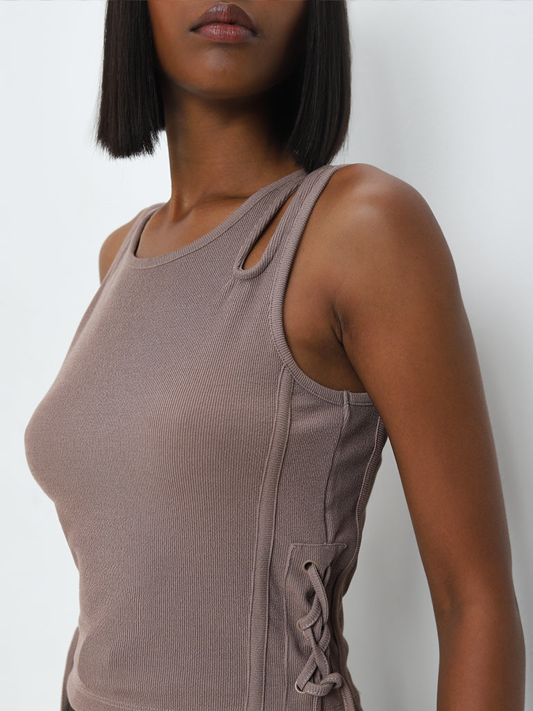 Studiofit Taupe Cut-Out Detailed T-Shirt