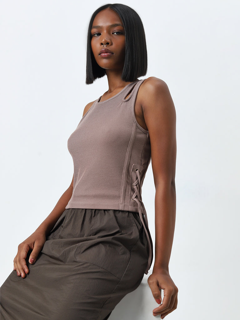 Studiofit Taupe Cut-Out Detailed T-Shirt