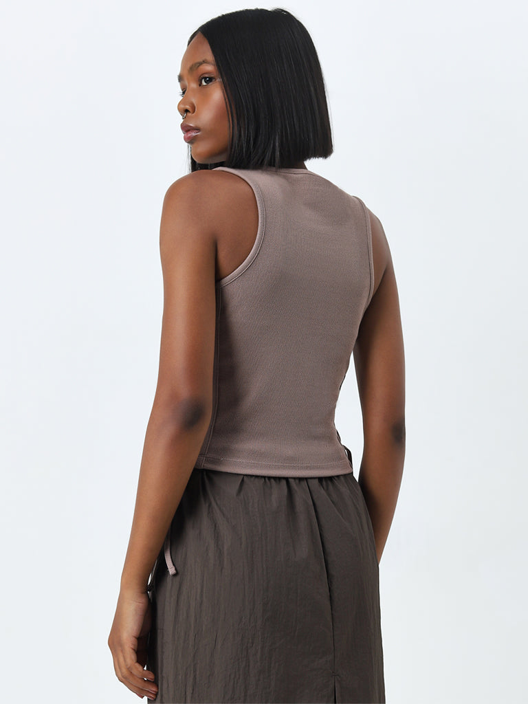 Studiofit Taupe Cut-Out Detailed T-Shirt