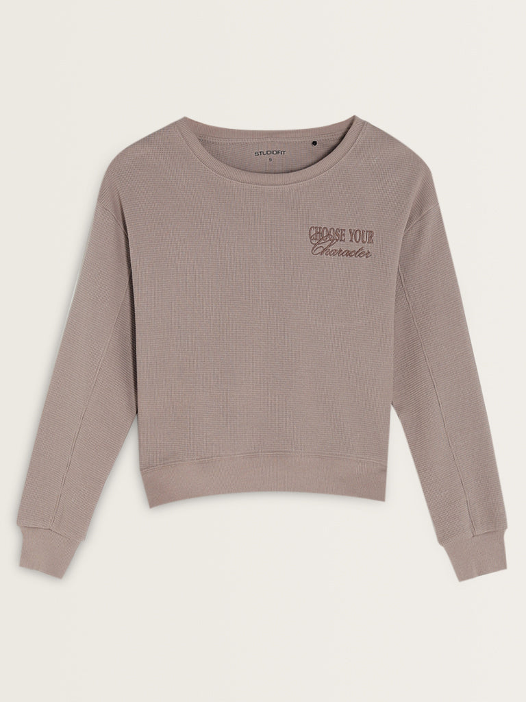 Studiofit Light Brown Waffle Textured Cotton Sweatshirt