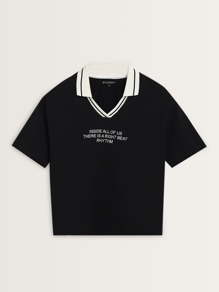 Studiofit Black Text Design Cotton T-Shirt