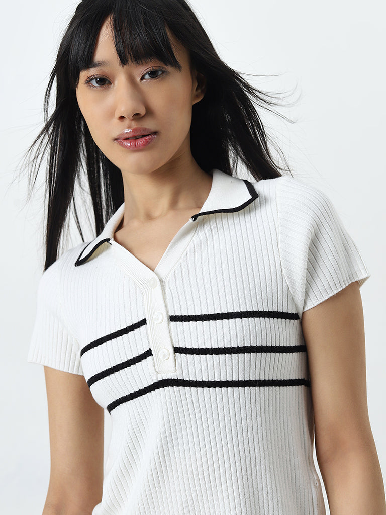 Studiofit White Ribbed Textured Collared Cotton T-Shirt