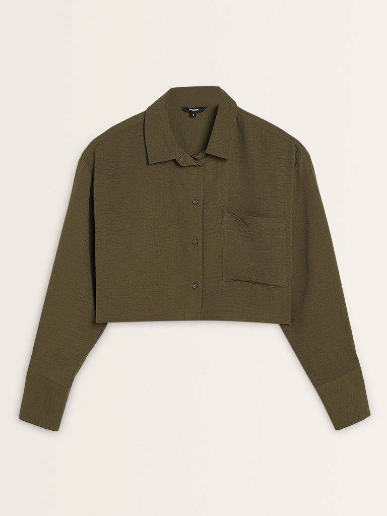 Nuon Olive Textured Crop Shirt